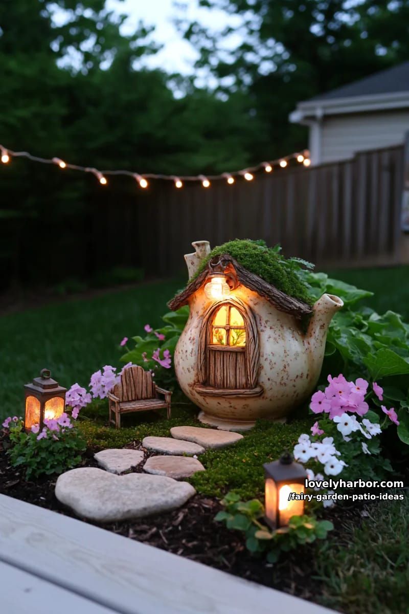 build a fairy house using a teapot planter and blooming flowers. 1