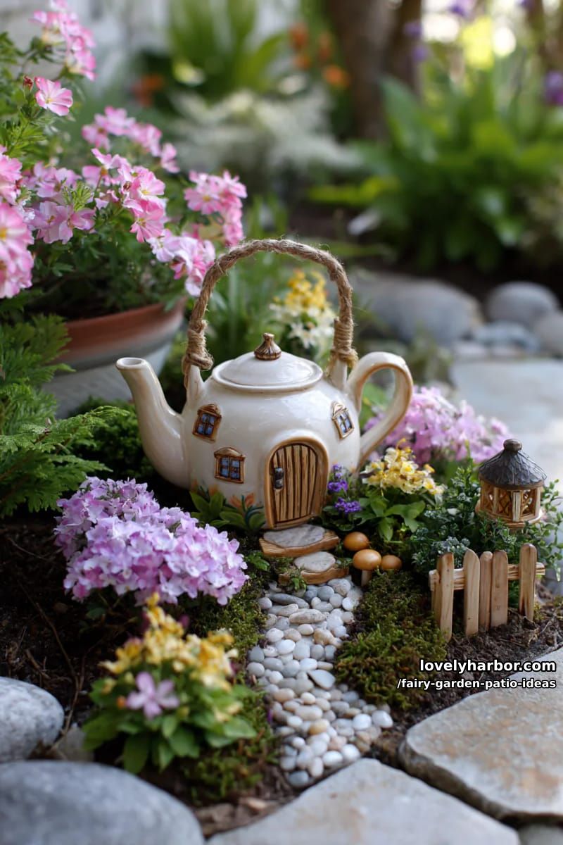 build a fairy house using a teapot planter and blooming flowers. 1