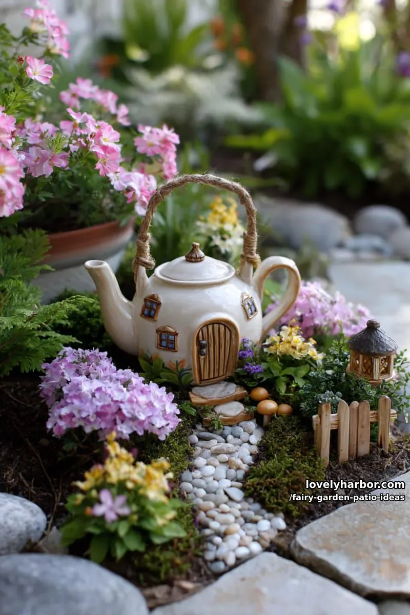 15 Enchanting Fairy Garden Patio Ideas to Inspire Your Space 14 build a fairy house using a teapot planter and blooming flowers. 1