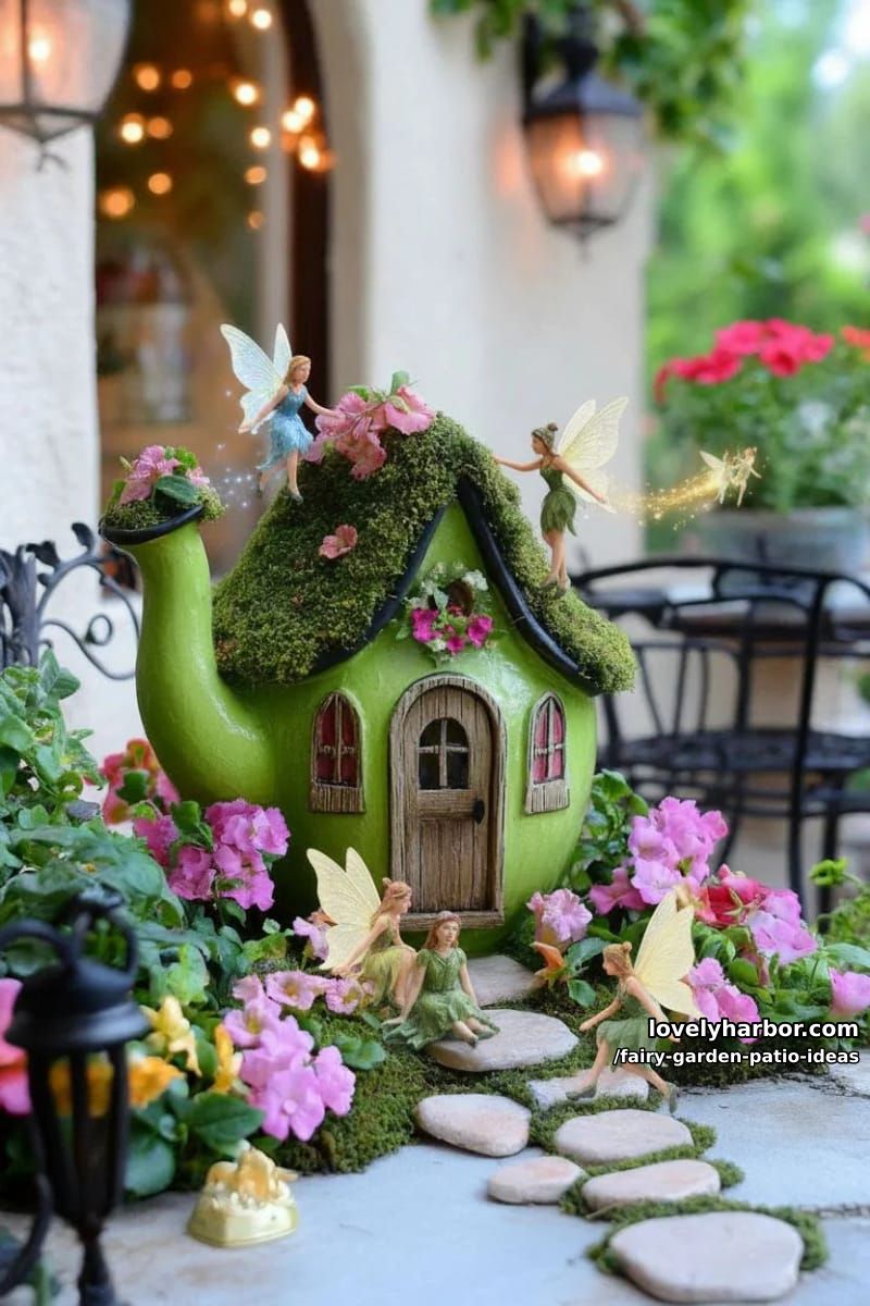 build a fairy house using a teapot planter and blooming flowers. 1