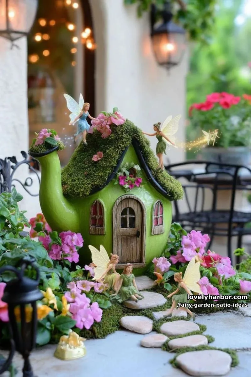 15 Enchanting Fairy Garden Patio Ideas to Inspire Your Space 15 build a fairy house using a teapot planter and blooming flowers. 1