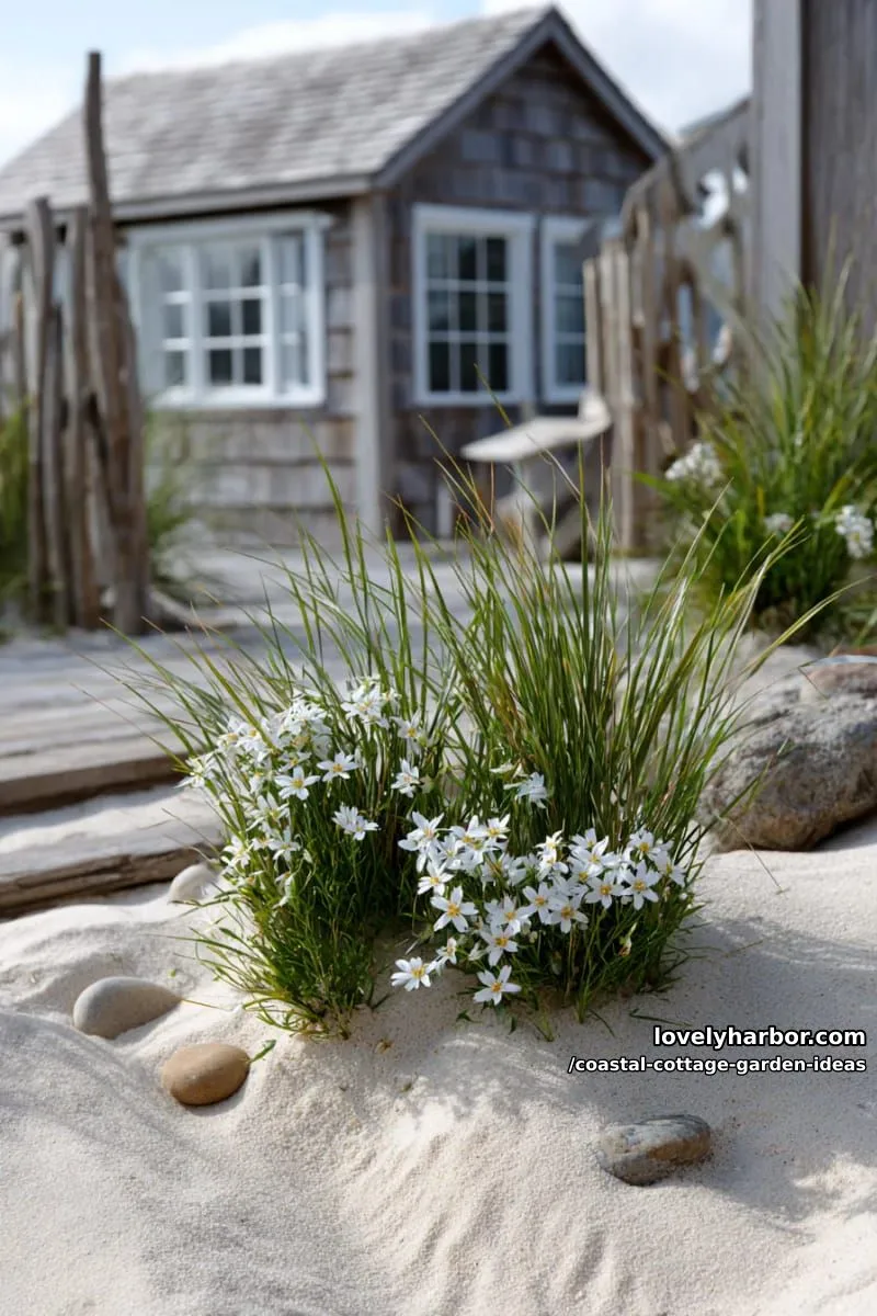 build a miniature dune with marram grass and scattered white starflowers 1