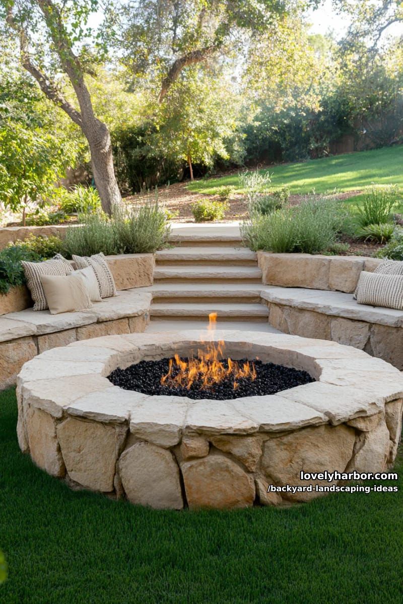 build a sunken fire pit area with chunky circular stone seating. 1