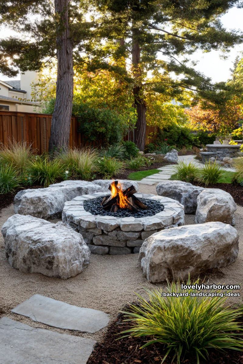 build a sunken fire pit area with chunky circular stone seating. 1