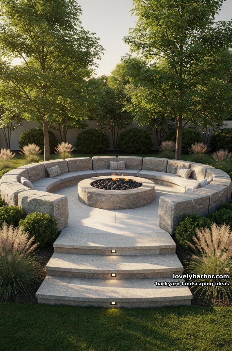 build a sunken fire pit area with chunky circular stone seating. 1