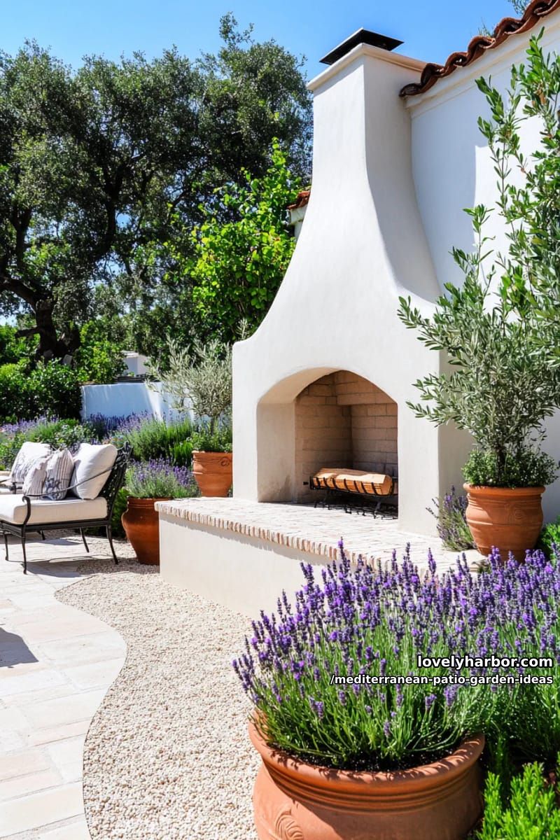 built-in stucco fireplace framed by lavender-lined gravel garden paths 1