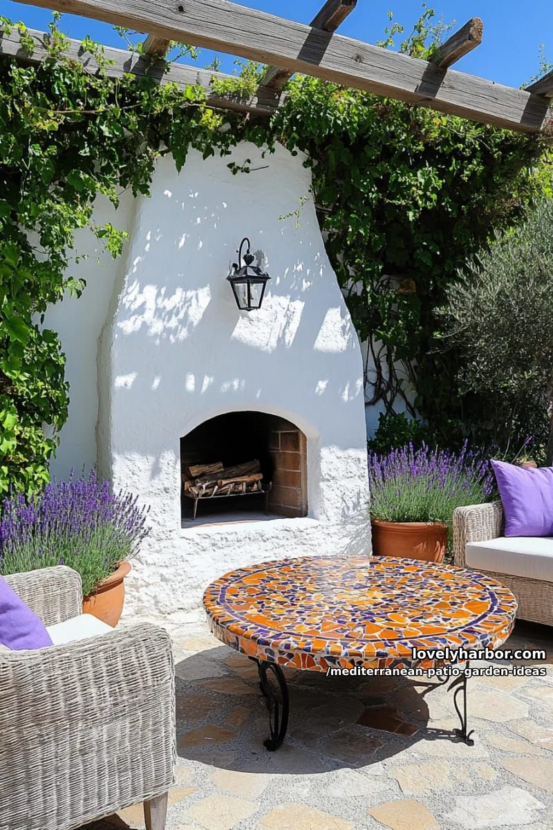 built-in stucco fireplace framed by lavender-lined gravel garden paths 1
