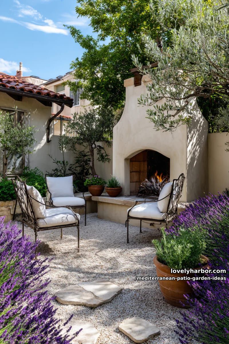 built-in stucco fireplace framed by lavender-lined gravel garden paths 1