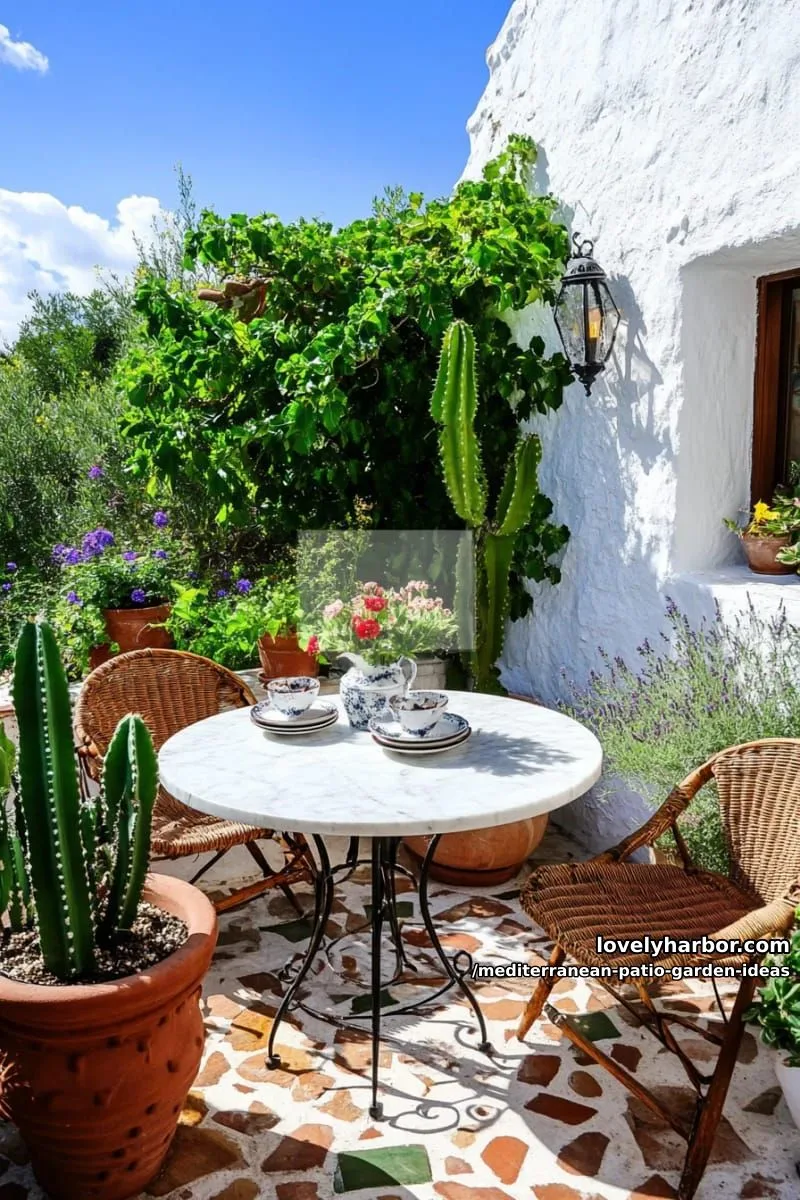 15 Mediterranean Patio Garden Ideas For A Dreamy Modern Homes 39 cactus and aloe garden paired with marble bistro table for morning coffee 1