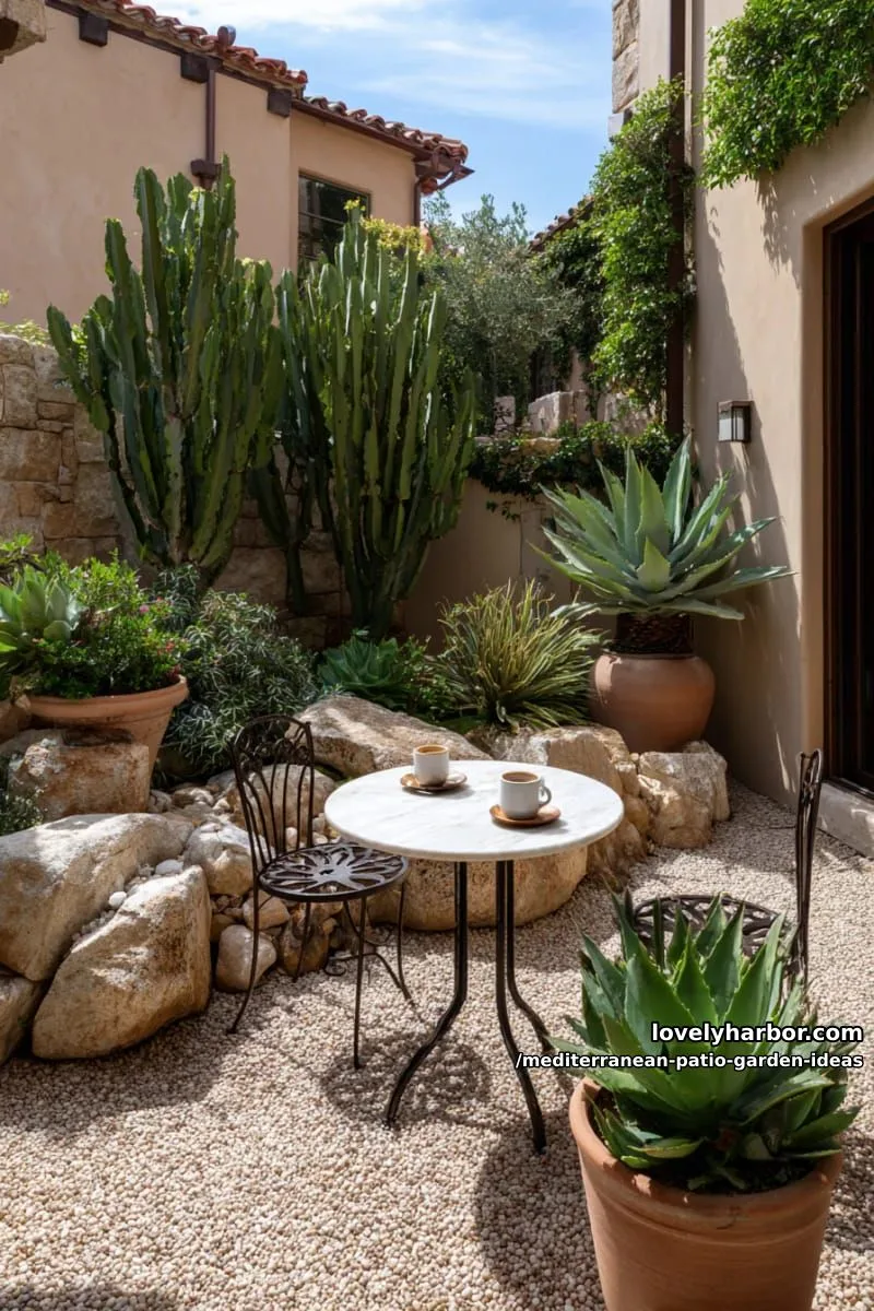 15 Mediterranean Patio Garden Ideas For A Dreamy Modern Homes 40 cactus and aloe garden paired with marble bistro table for morning coffee 1