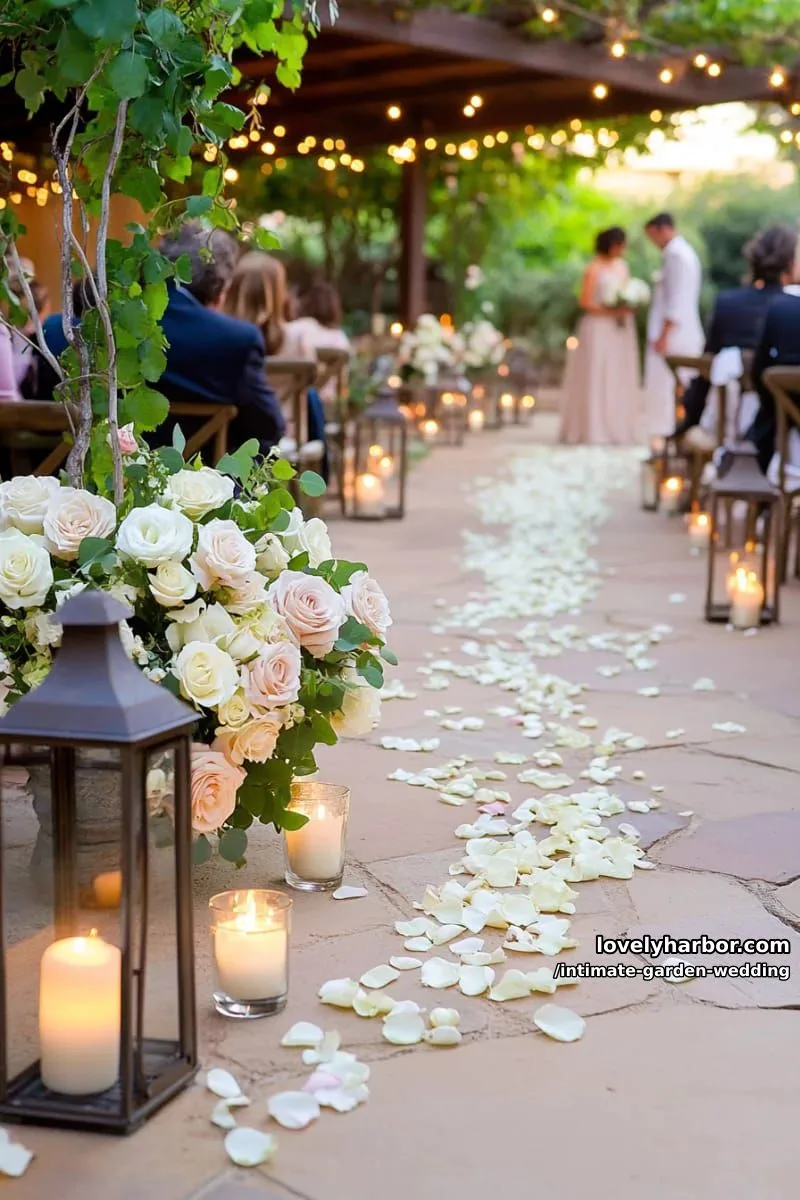 candlelit pathway leading guests to the romantic garden ceremony nook 1