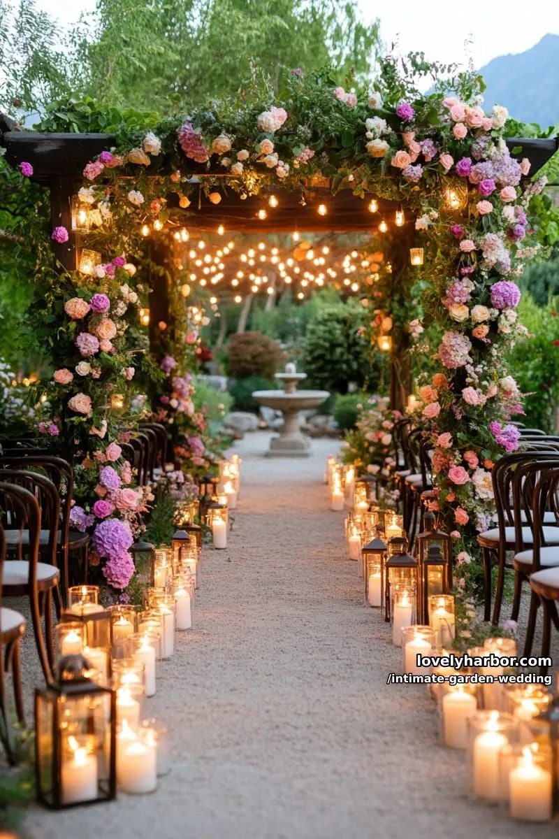 candlelit pathway leading guests to the romantic garden ceremony nook 1