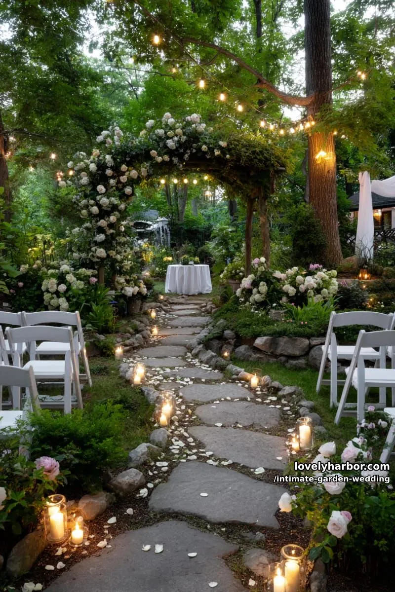 candlelit pathway leading guests to the romantic garden ceremony nook 1