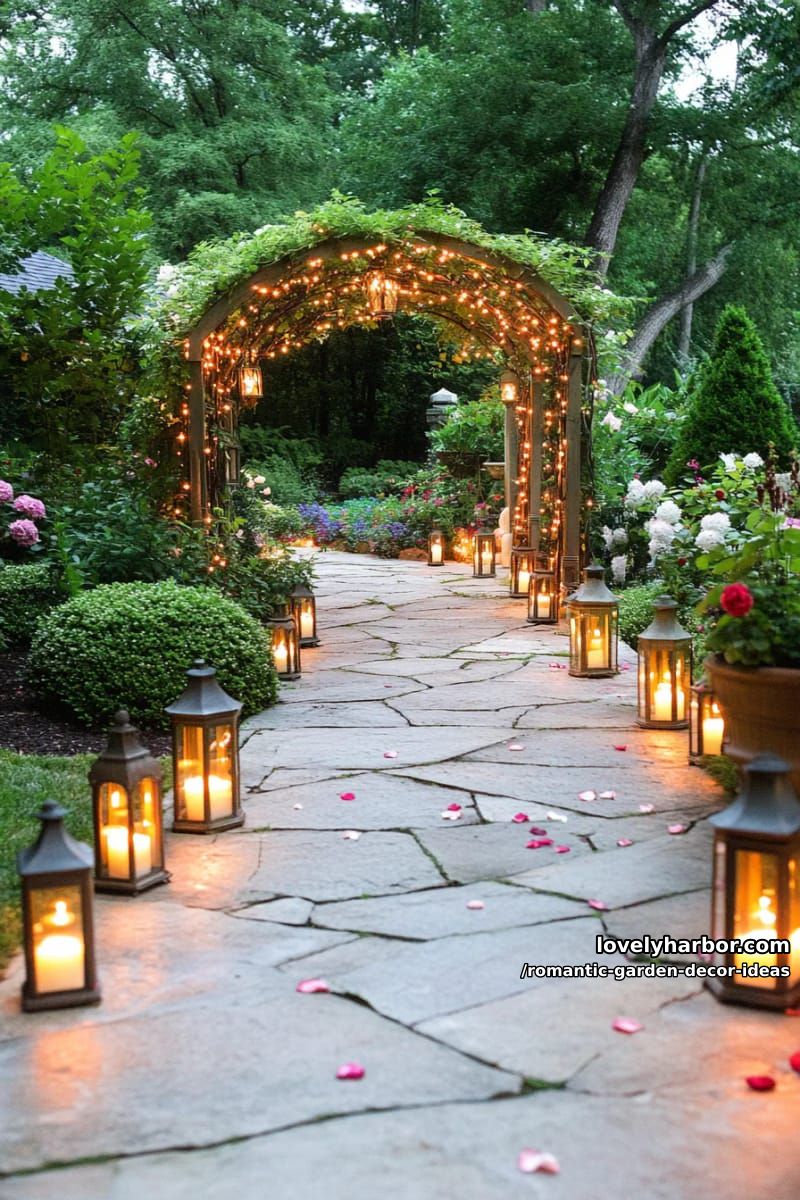 candlelit stone pathways winding through lush floral archways 1