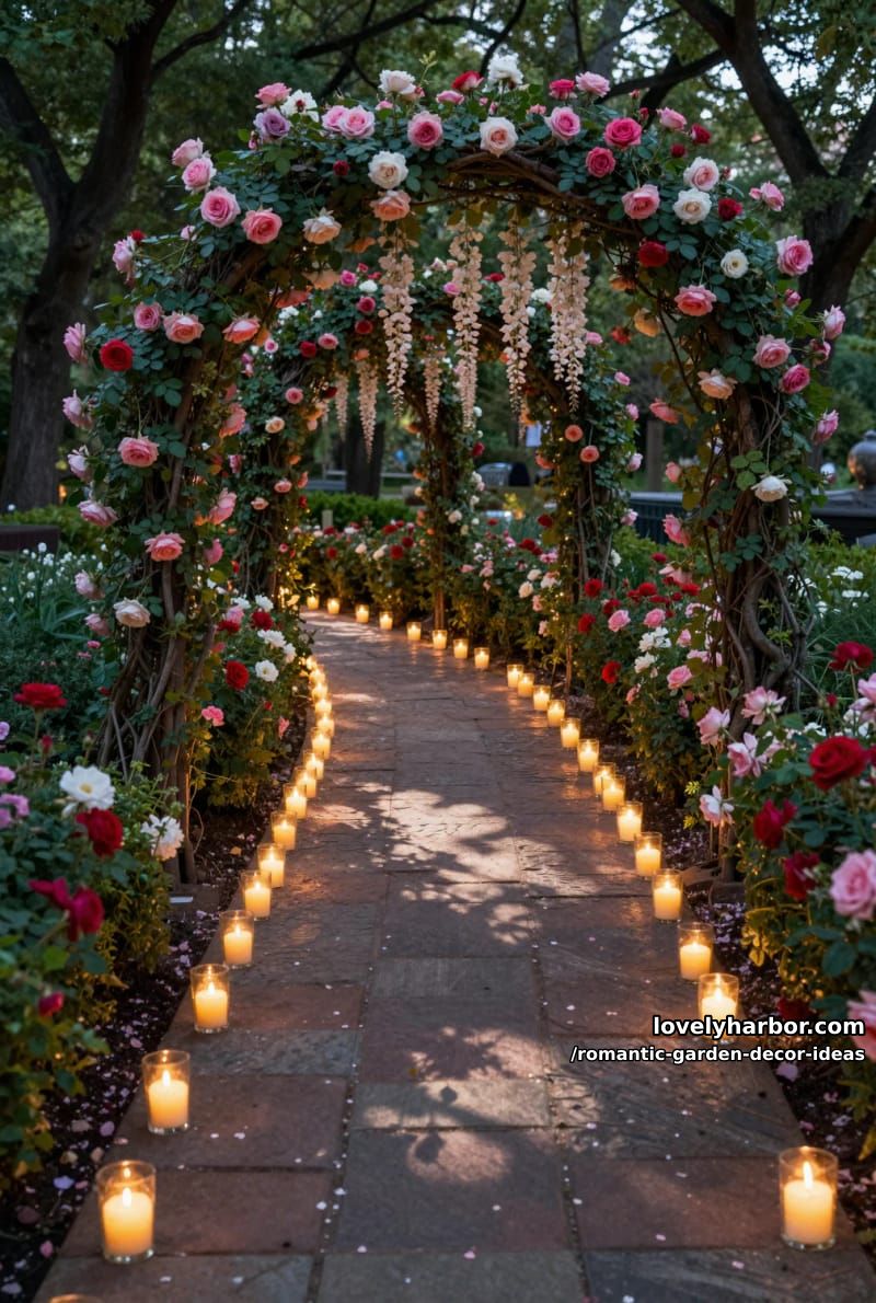 candlelit stone pathways winding through lush floral archways 1