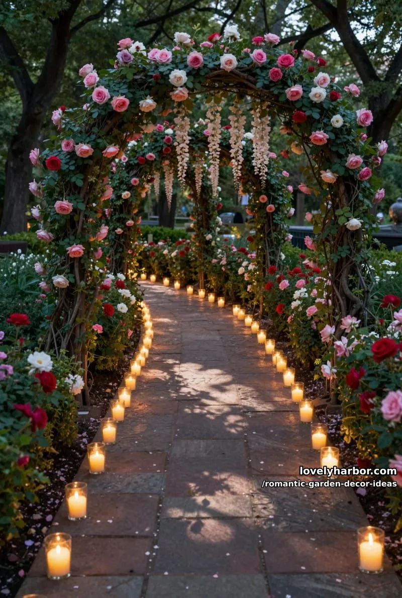 candlelit stone pathways winding through lush floral archways 1