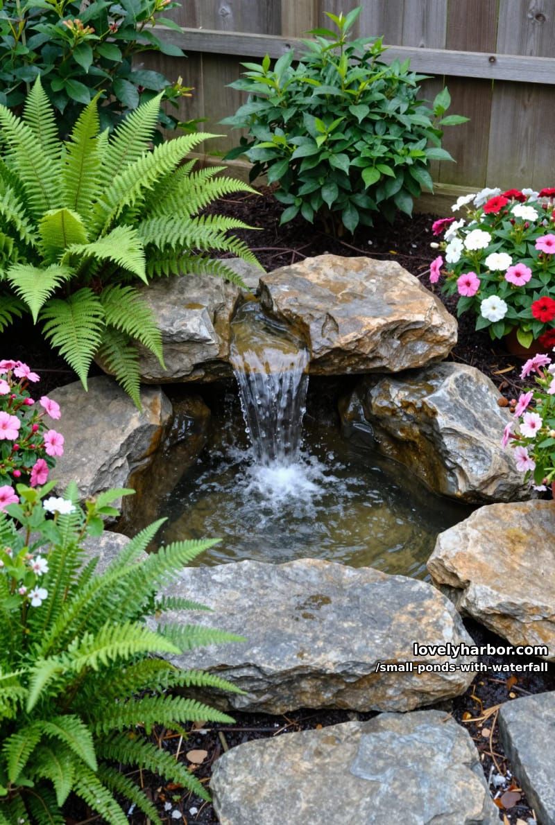 cascading stone waterfall pond with blooming flowers and wooden fence. 1