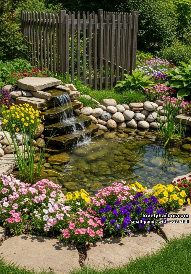 cascading stone waterfall pond with blooming flowers and wooden fence. 1