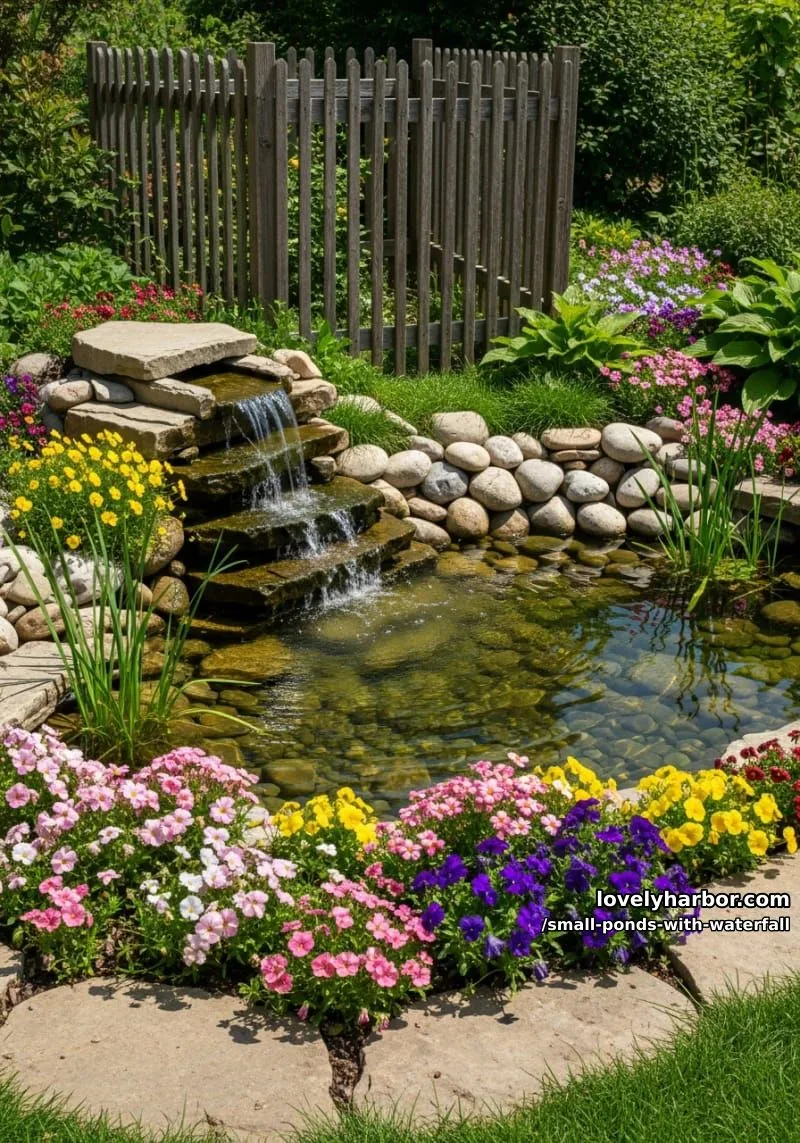 20 Small Ponds With Waterfall Designs For A Relaxing Outdoor Space 15 cascading stone waterfall pond with blooming flowers and wooden fence. 1