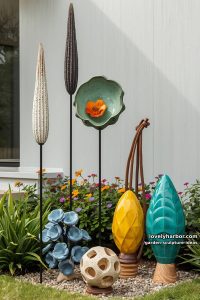 ceramic botanical sculptures on rods displayed against a plain background. 7