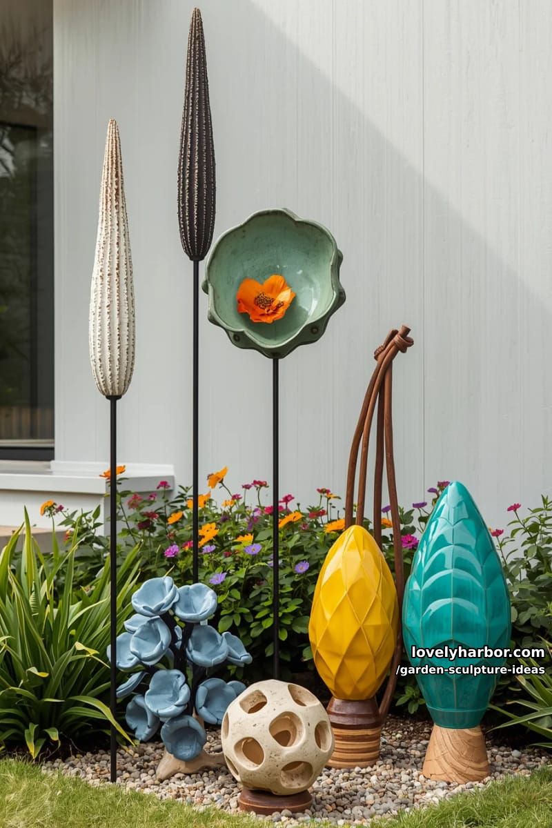 ceramic botanical sculptures on rods displayed against a plain background. 1