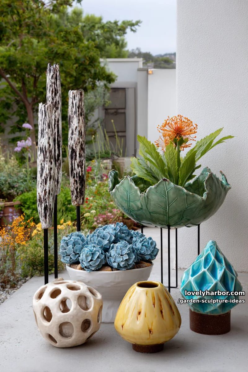 ceramic botanical sculptures on rods displayed against a plain background. 1