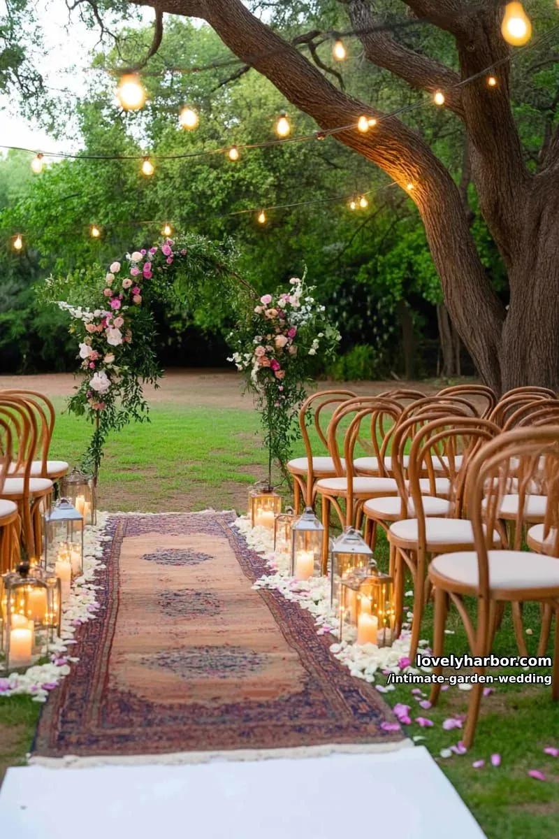 ceremony circle of vintage wooden chairs beneath fairy-lit trees 1