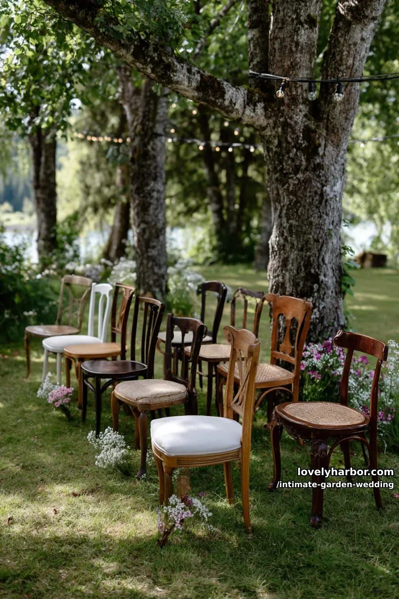 ceremony circle of vintage wooden chairs beneath fairy-lit trees 1