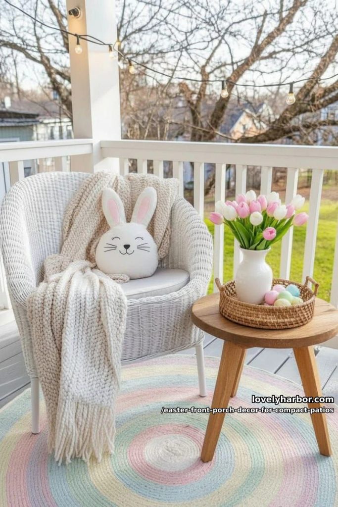 chunky knit throw blankets draped over porch chairs with a plush bunny 32
