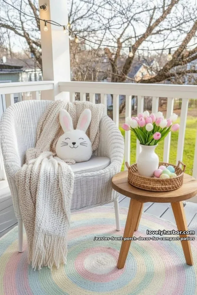 Easter 4 chunky knit throw blankets draped over porch chairs with a plush bunny 32