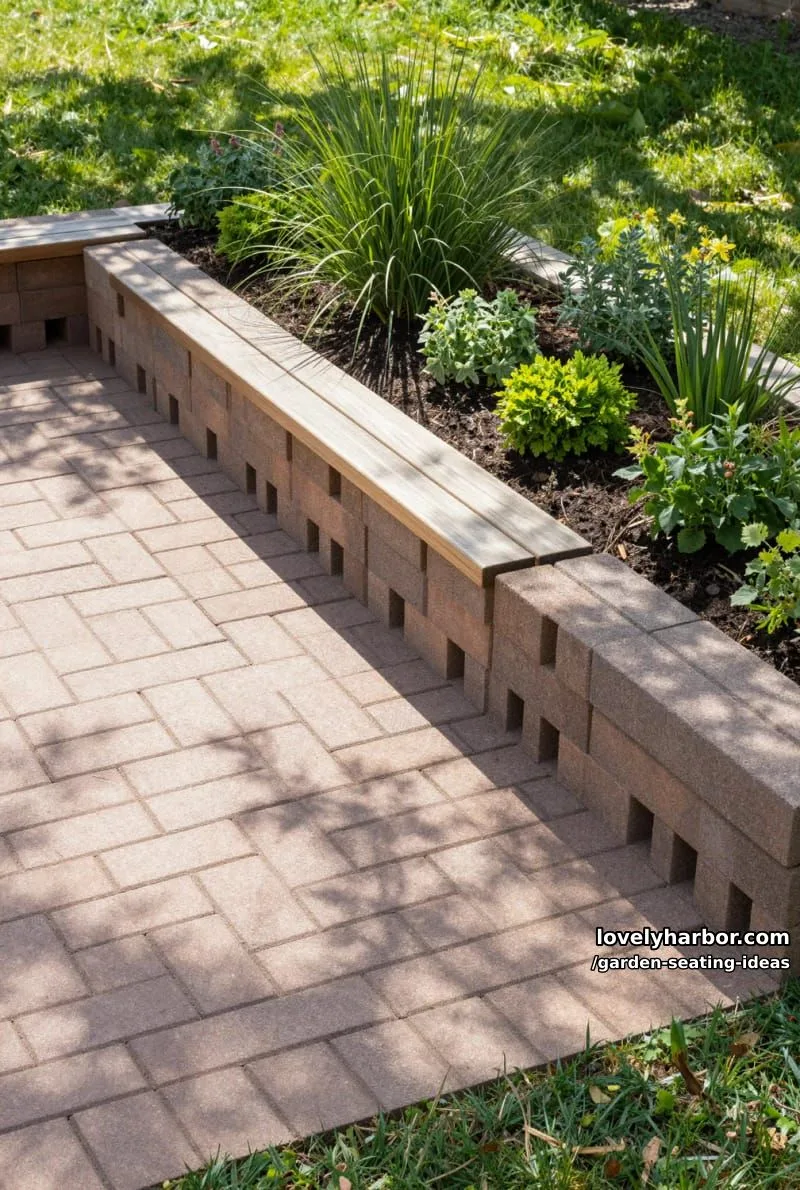 cinder block patio with brick pavers and garden bed 1