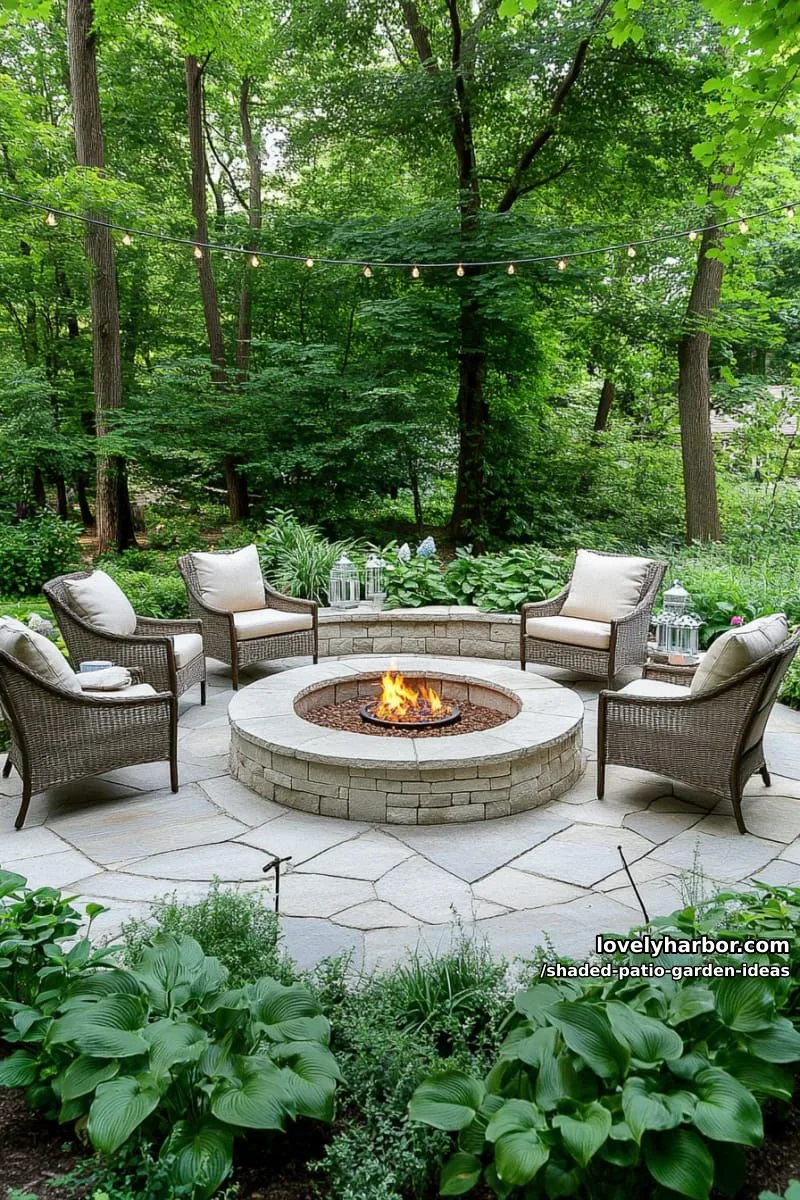 15 Dreamy Shaded Patio Garden Ideas to Inspire Your Backyard 36 circular patio with cozy fire ring and low-growing perennial borders 1