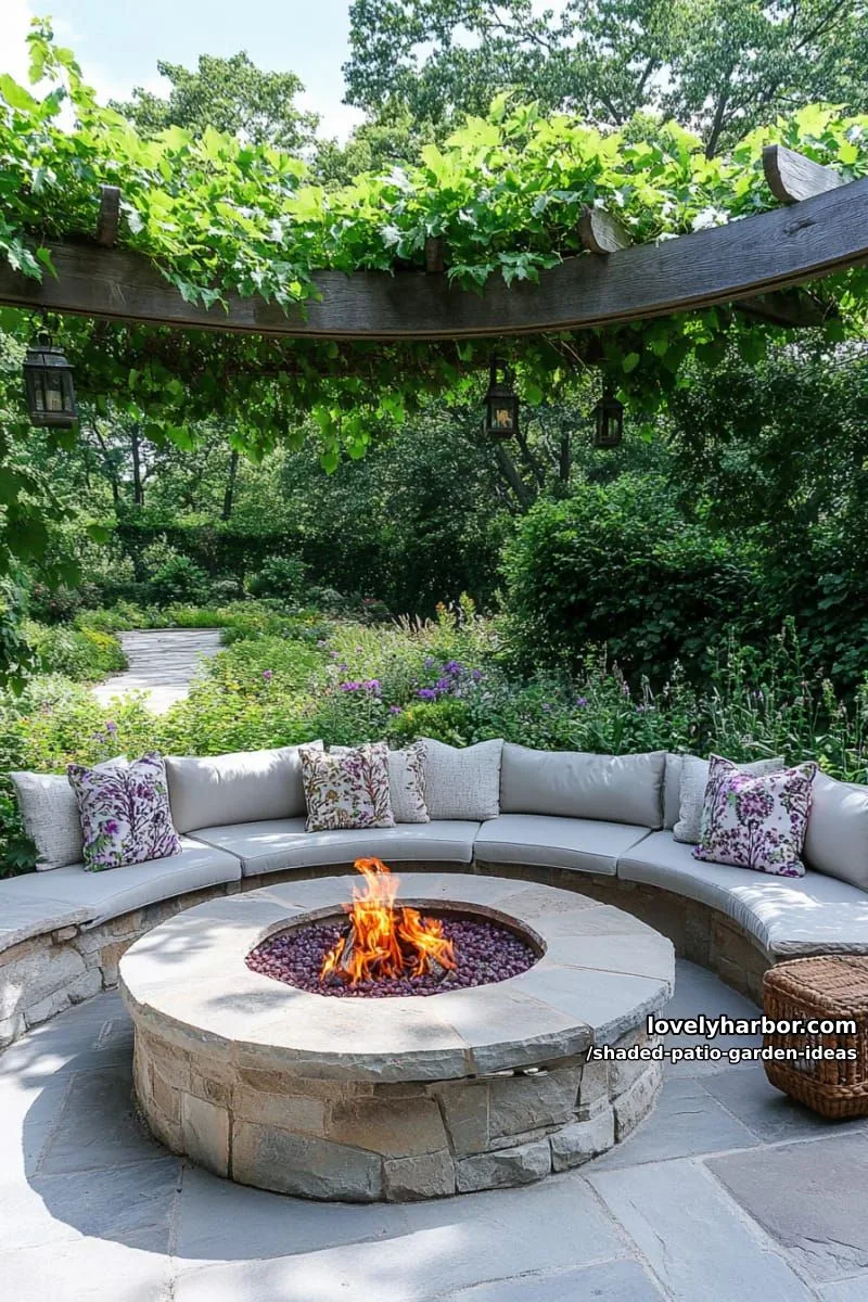 15 Dreamy Shaded Patio Garden Ideas to Inspire Your Backyard 37 circular patio with cozy fire ring and low-growing perennial borders 1