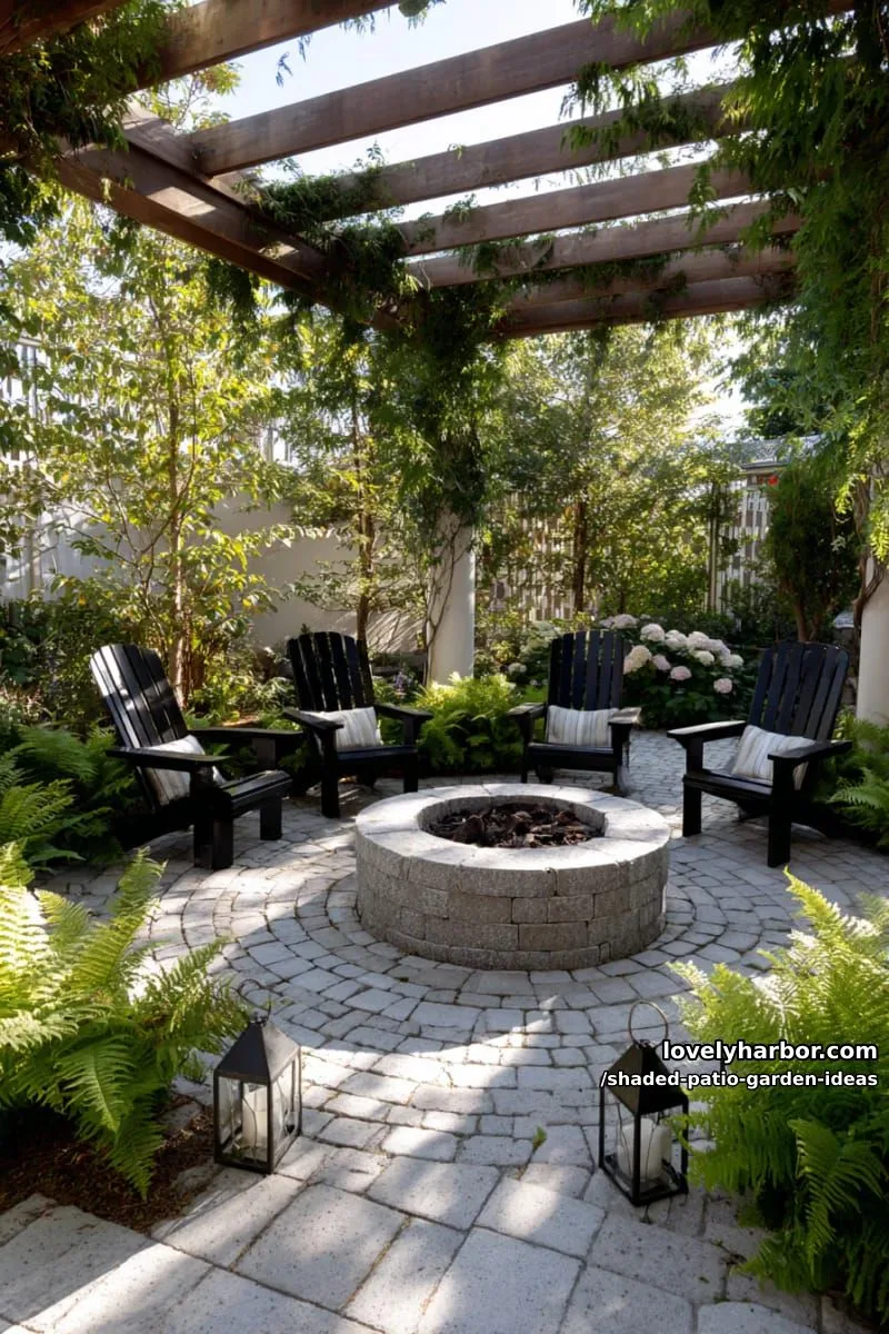 15 Dreamy Shaded Patio Garden Ideas to Inspire Your Backyard 38 circular patio with cozy fire ring and low-growing perennial borders 1