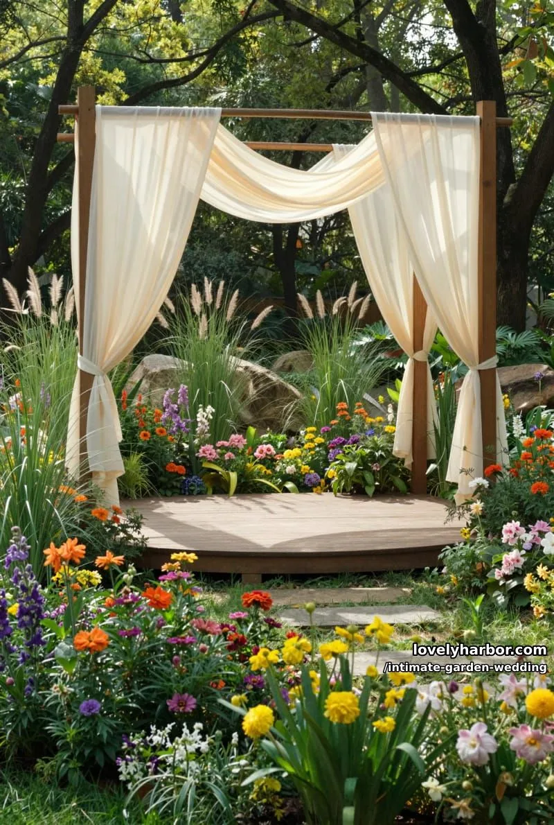 circular wooden platform, vibrant flowers, tall grasses, cream drapery, tree canopy 1