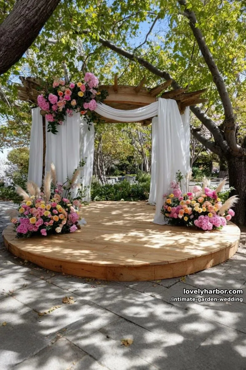 circular wooden platform, vibrant flowers, tall grasses, cream drapery, tree canopy 1