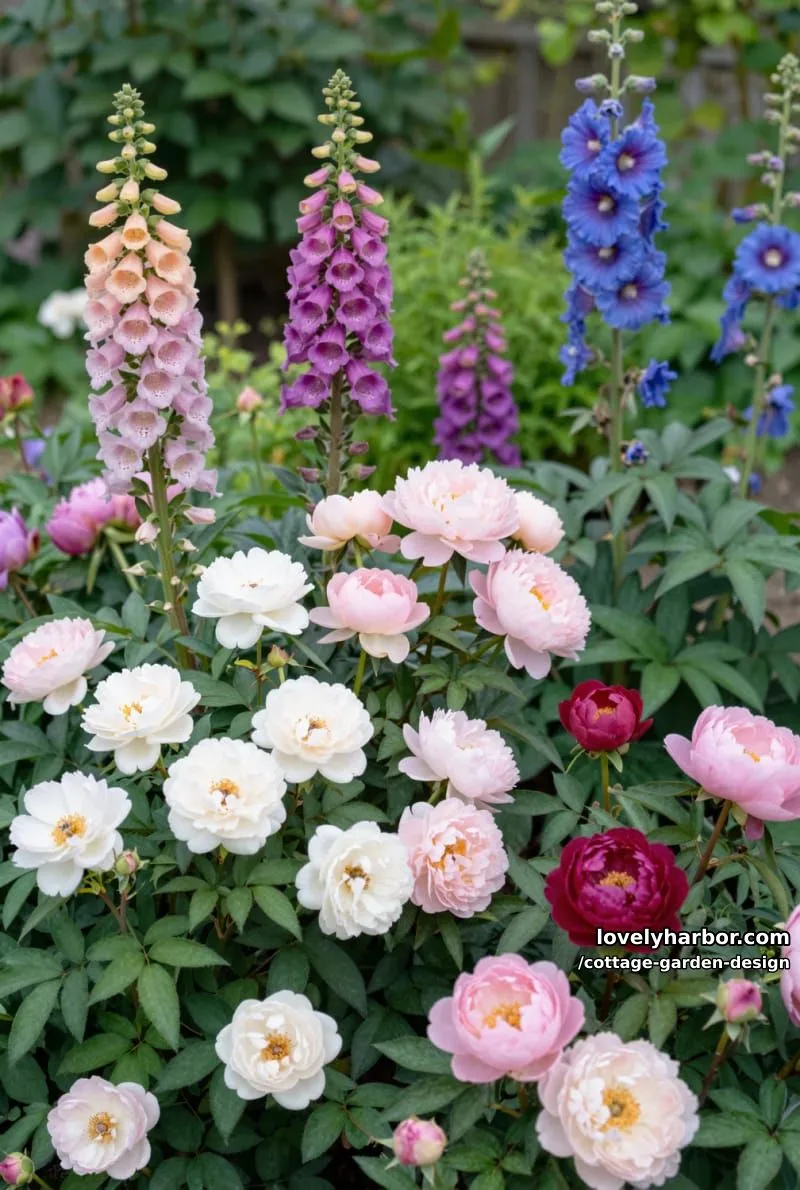 classic cottage flowers: roses, foxglove, peonies, hollyhocks in lush beds 1