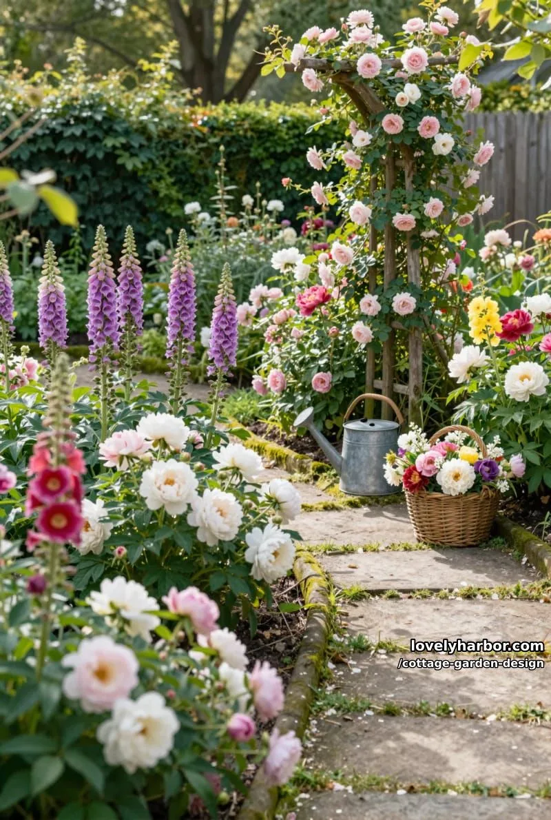 classic cottage flowers: roses, foxglove, peonies, hollyhocks in lush beds 1