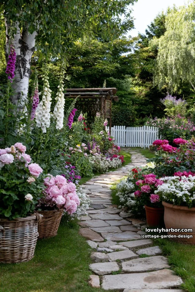 classic cottage flowers: roses, foxglove, peonies, hollyhocks in lush beds 1