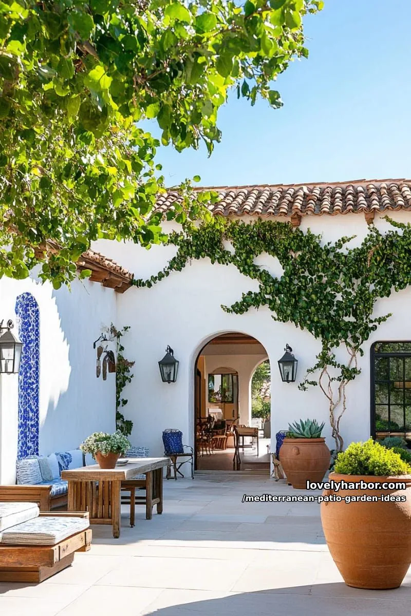 15 Mediterranean Patio Garden Ideas For A Dreamy Modern Homes 20 clay amphora planters filled with succulents and trailing ivy 1