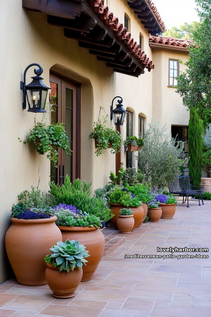 clay amphora planters filled with succulents and trailing ivy 1