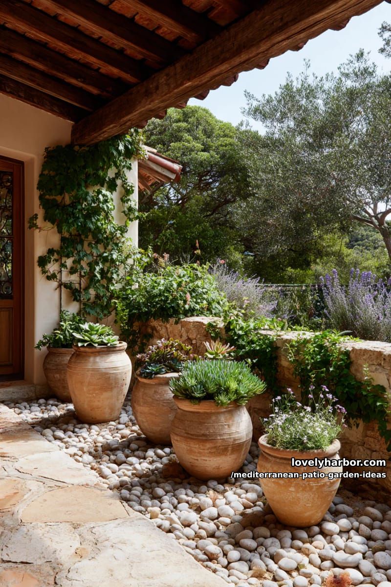 clay amphora planters filled with succulents and trailing ivy 1
