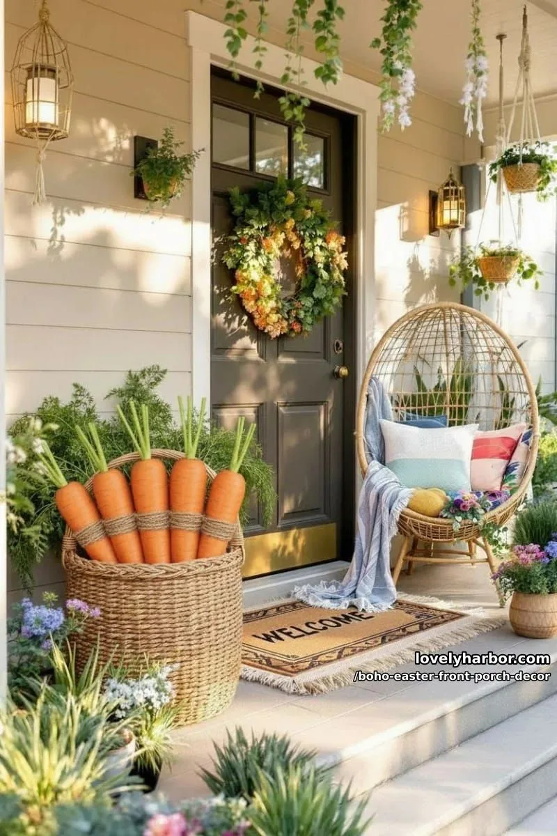 cluster of oversized twine-wrapped carrots next to a fringed welcome mat 1