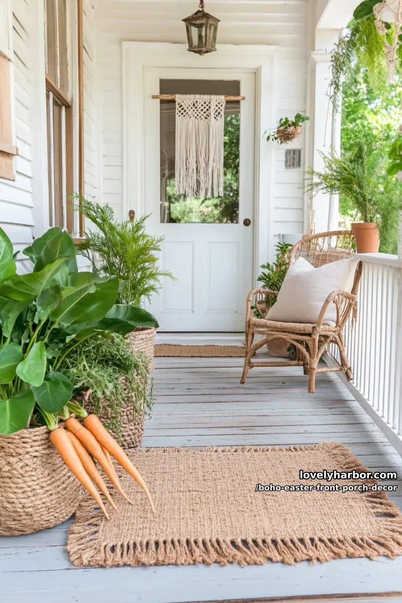 cluster of oversized twine-wrapped carrots next to a fringed welcome mat 1