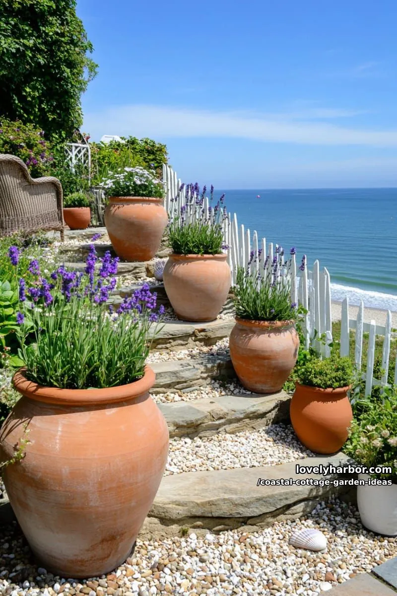cluster terracotta pots filled with rosemary, agave, and trailing verbena 1