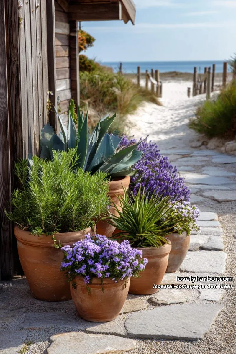 cluster terracotta pots filled with rosemary, agave, and trailing verbena 1