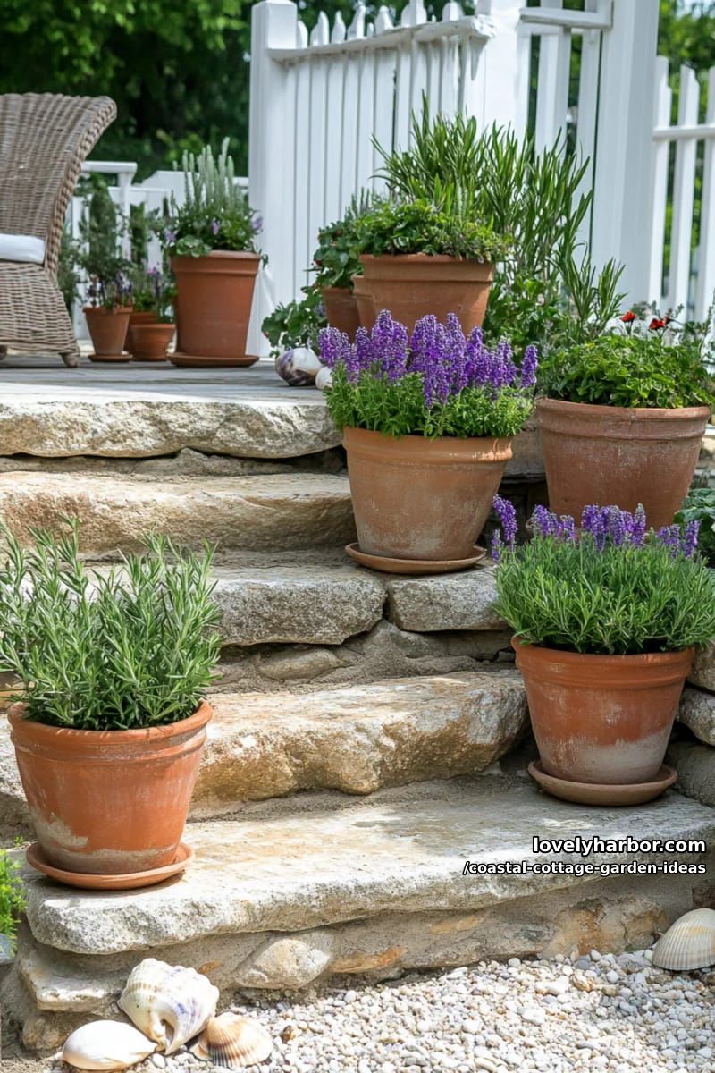 cluster terracotta pots filled with rosemary, agave, and trailing verbena 1