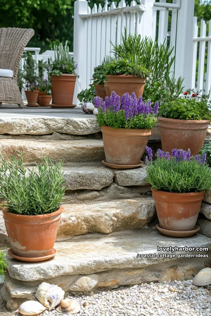 cluster terracotta pots filled with rosemary, agave, and trailing verbena 1