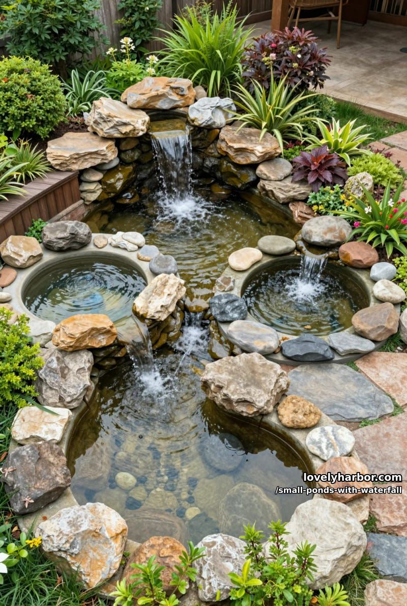 collection of small ponds with waterfalls, natural stone, and lush greenery. 1