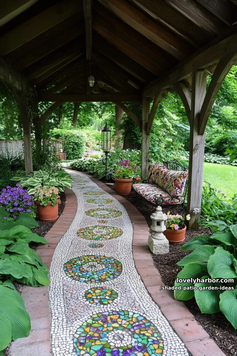 15 Dreamy Shaded Patio Garden Ideas to Inspire Your Backyard 41 colorful mosaic stepping stones winding through layered hosta beds 1